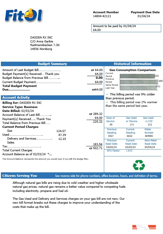Sweden Fitol gas business utility bill template in Word and PDF formats